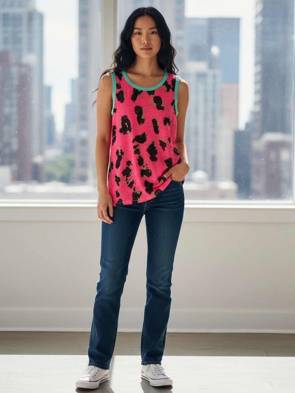 Bibi Leopard Print Low Gauge Hacci Sleeveless Tank Oversized NWOT